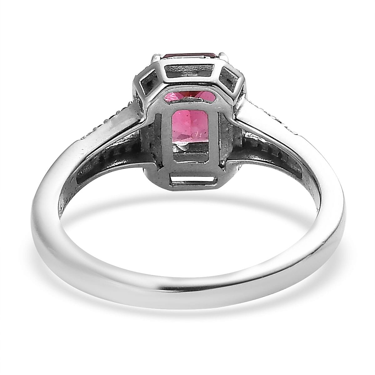 Radiant Cut Ouro Fino Rubellite and Moissanite Split Shank Ring in Platinum Over Sterling Silver (Size 7.0) 1.00 ctw image number 4