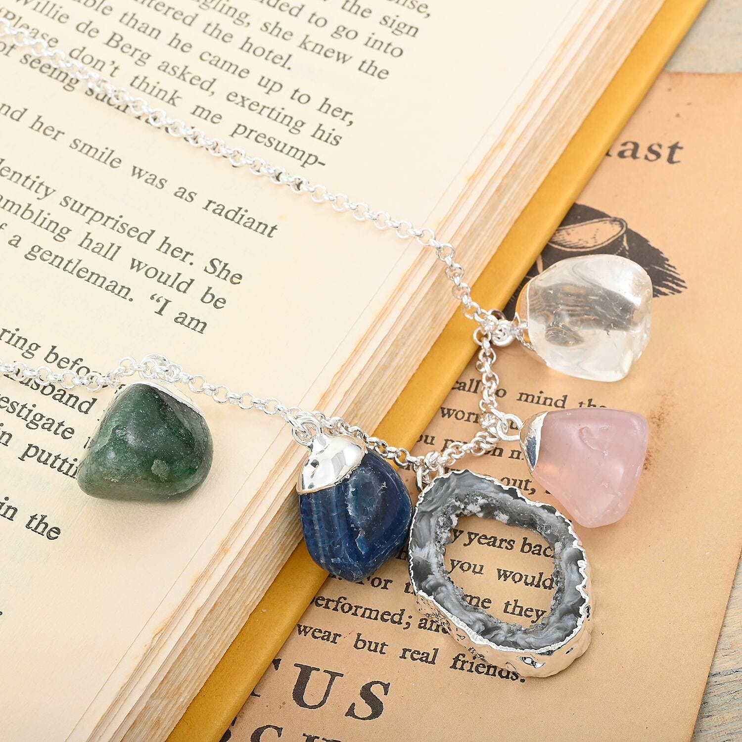 Multi Gemstone Necklace 16-18 Inches in Silvertone 95.00 ctw