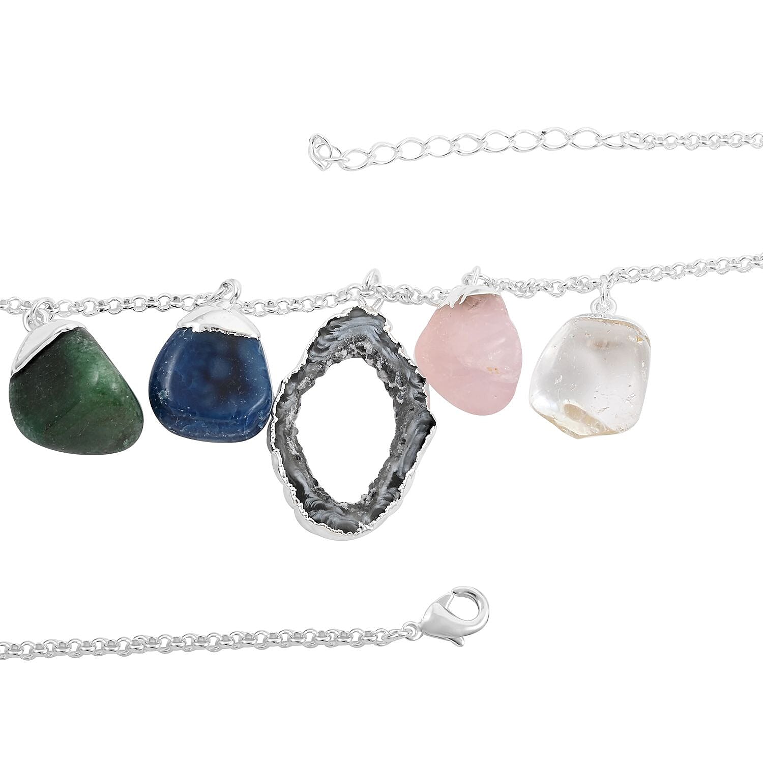 Multi Gemstone Necklace 16-18 Inches in Silvertone 95.00 ctw