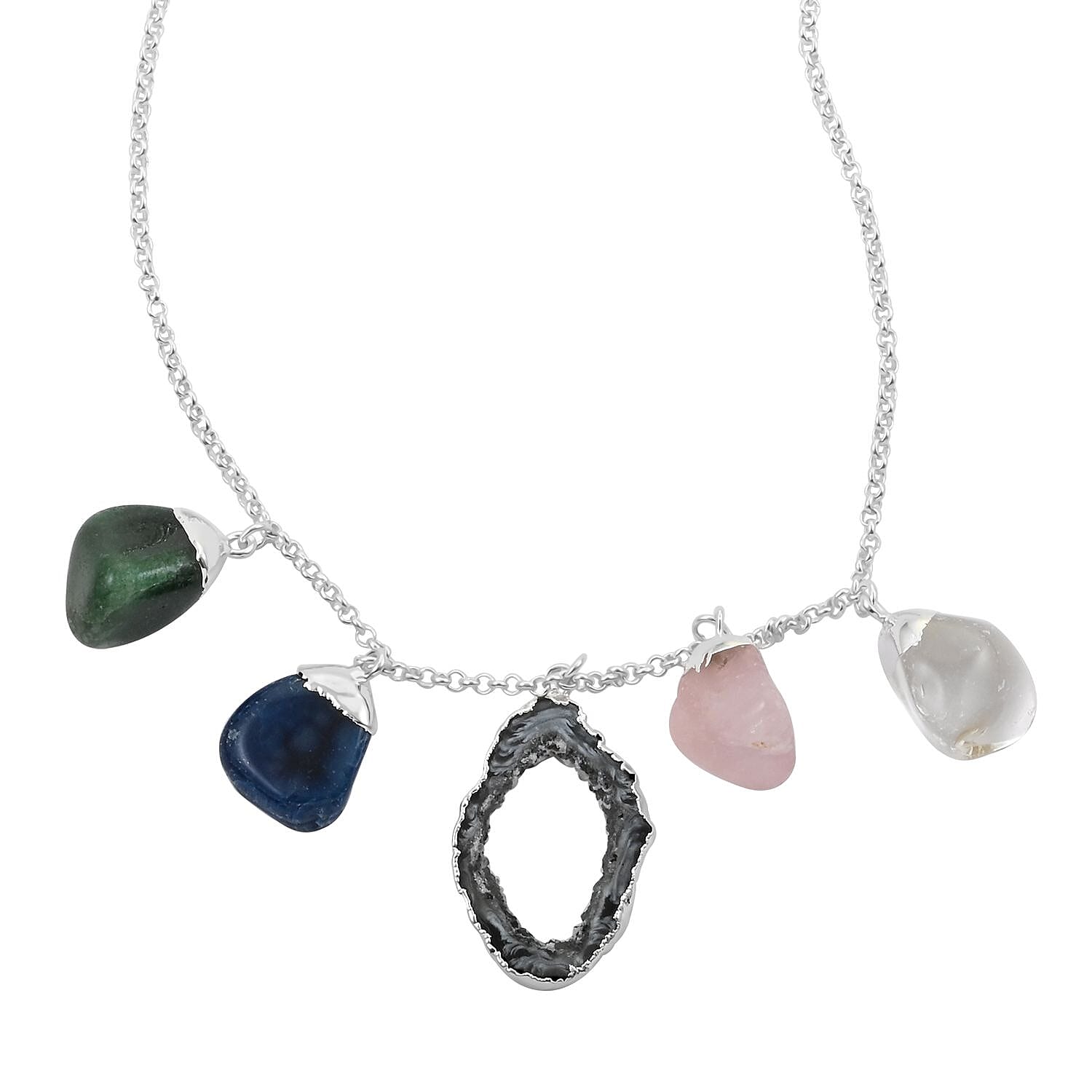 Multi Gemstone Necklace 16-18 Inches in Silvertone 95.00 ctw