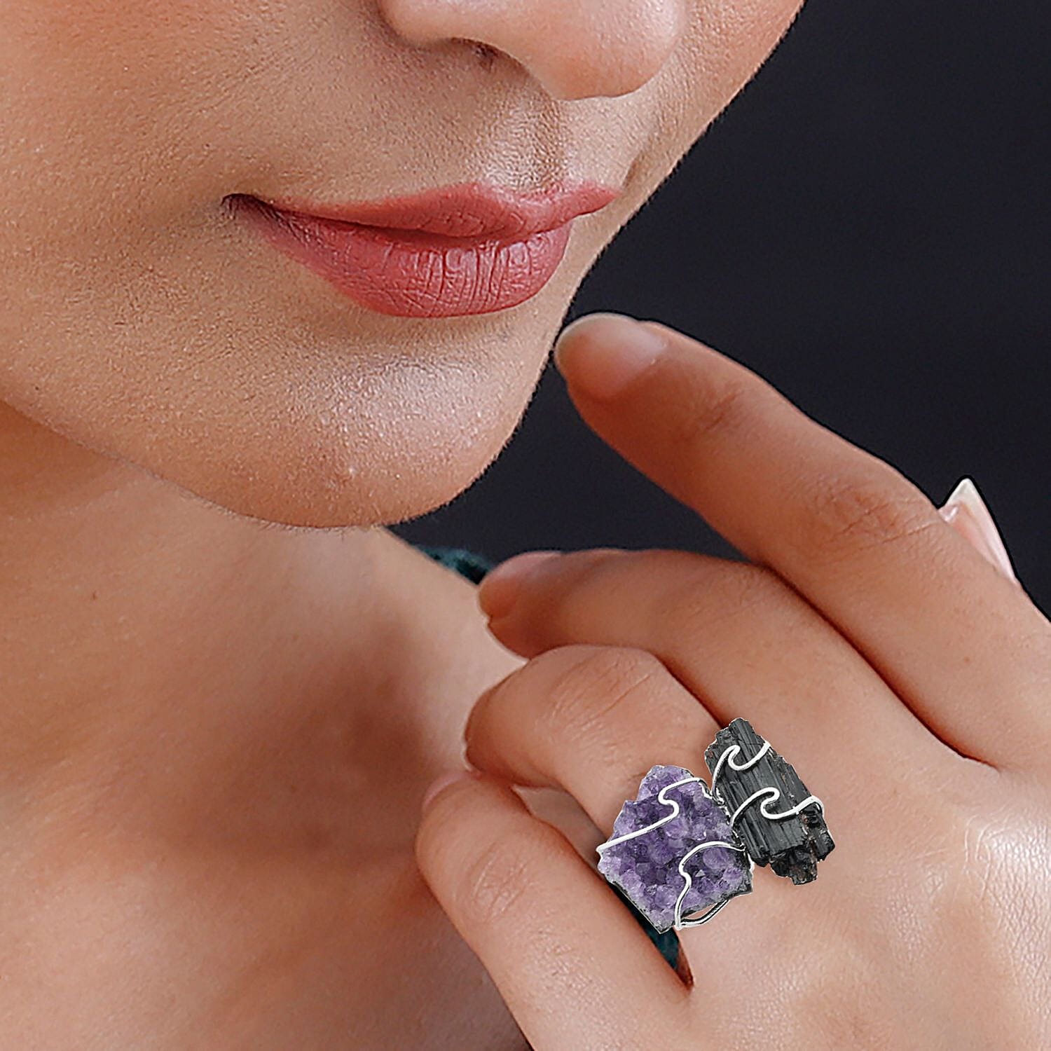 Made in Brazil Amethyst and Tourmaline Ring in Silvertone (Size 10.0) 37.00 ctw