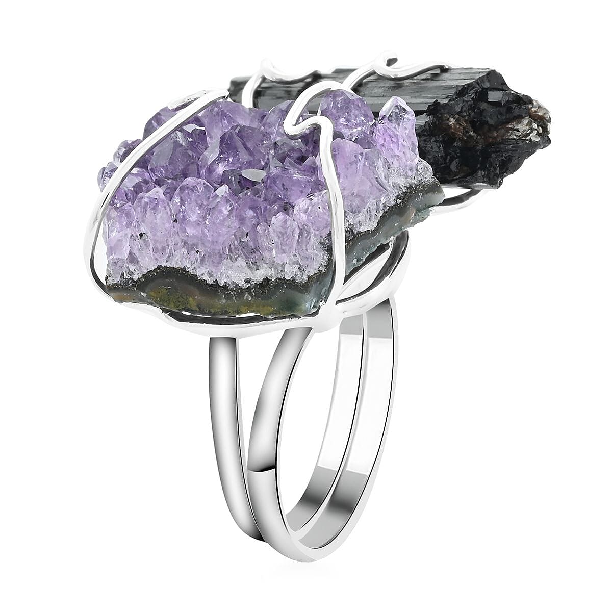 Made in Brazil Amethyst and Tourmaline Ring in Silvertone (Size 10.0) 37.00 ctw
