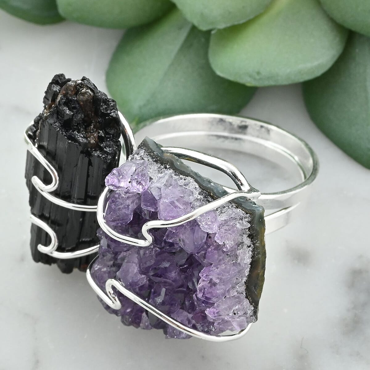 Made in Brazil Amethyst and Tourmaline Ring in Silvertone (Size 6.0) 37.00 ctw image number 1
