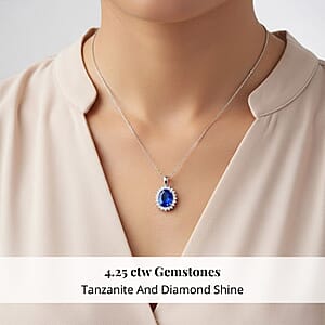 Certified & Appraised Rhapsody AAAA Tanzanite and E-F VS Diamond 4.25 ctw Sunburst Pendant without Chain in 950 Platinum