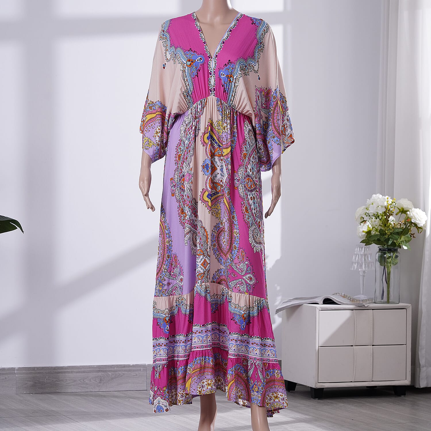 Tamsy Pink Mixed Print Elastic Waist Maxi Dress For Women, Viscose V Neck Women Maxi Dress- One Size Fits Most