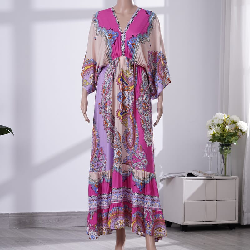 Tamsy Pink Mixed Print Elastic Waist Maxi Dress For Women, Viscose V Neck Women Maxi Dress- One Size Fits Most