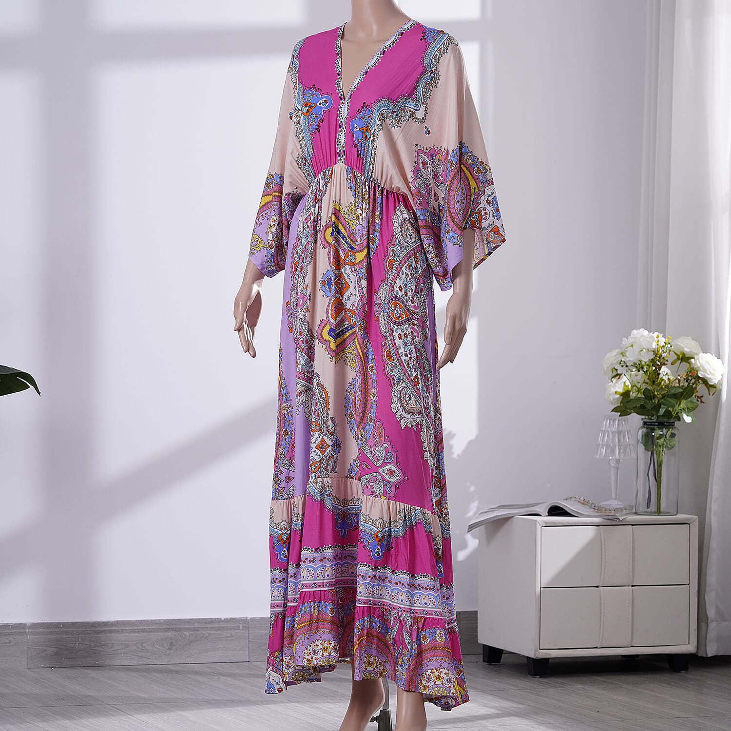 Tamsy Pink Mixed Print Elastic Waist Maxi Dress For Women, Viscose V Neck Women Maxi Dress- One Size Fits Most