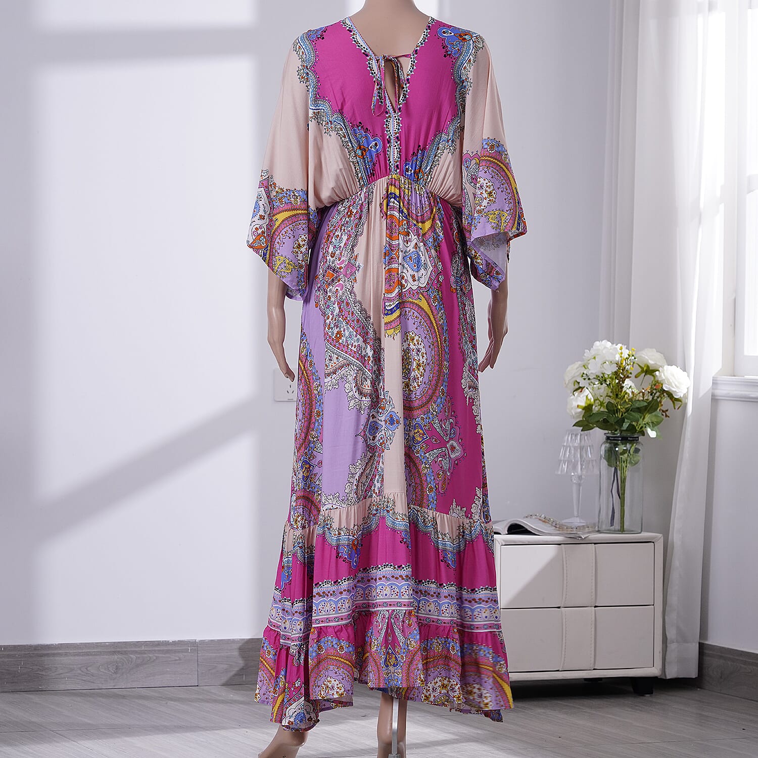 Tamsy Pink Mixed Print Elastic Waist Maxi Dress For Women, Viscose V Neck Women Maxi Dress- One Size Fits Most