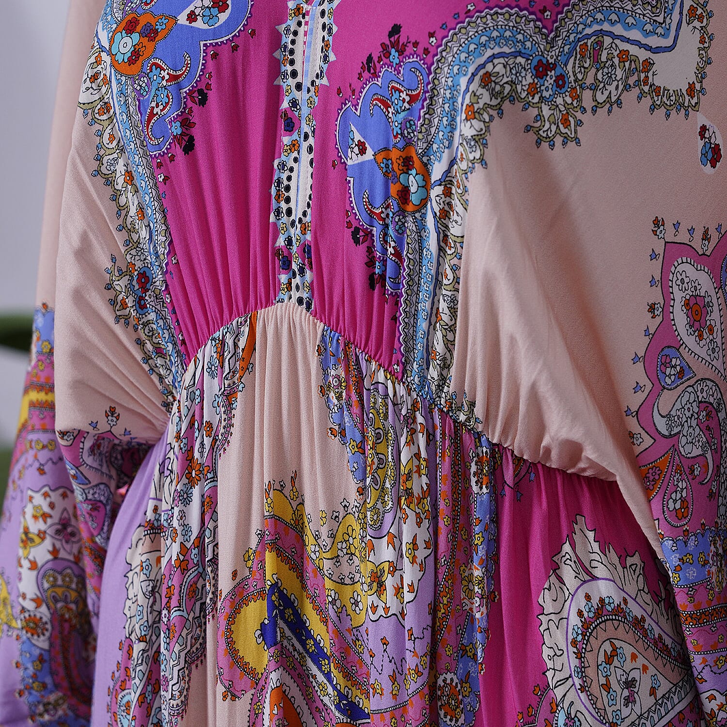 Tamsy Pink Mixed Print Elastic Waist Maxi Dress For Women, Viscose V Neck Women Maxi Dress- One Size Fits Most