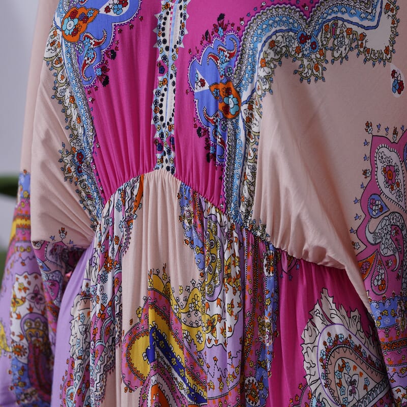 Tamsy Pink Mixed Print Elastic Waist Maxi Dress For Women, Viscose V Neck Women Maxi Dress- One Size Fits Most