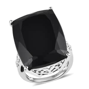 Thai Black Spinel Solitaire Ring in Platinum Over Sterling Silver (Size 10.0) 40.75 ctw