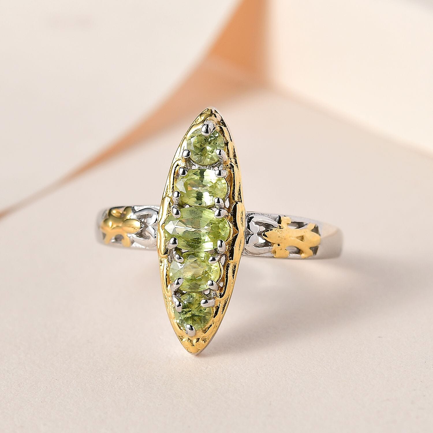 Premium Sava Sphene Elongated Ring in Vermeil Yellow Gold and Platinum Over Sterling Silver (Size 10.0) 1.00 ctw