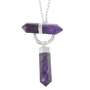 Amethyst Pencil Shape Pendant Necklace 35 Inches in Silvertone 149.00 ctw