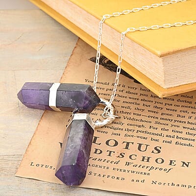Amethyst Pencil Shape Pendant Necklace 35 Inches in Silvertone 149.00 ctw