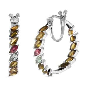 Multi-Tourmaline Inside Out Hoop Earrings, Platinum Over Sterling Silver Hoop Earrings, Multi Tourmaline Earrings, In Out Hoops 9.00 ctw