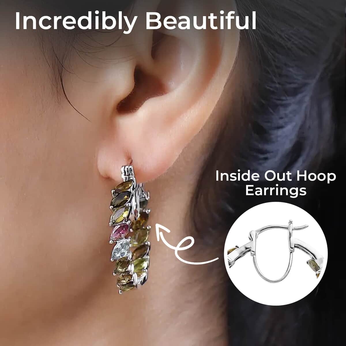 Multi-Tourmaline Inside Out Hoop Earrings, Platinum Over Sterling Silver Hoop Earrings, Multi Tourmaline Earrings, In Out Hoops 9.00 ctw image number 2