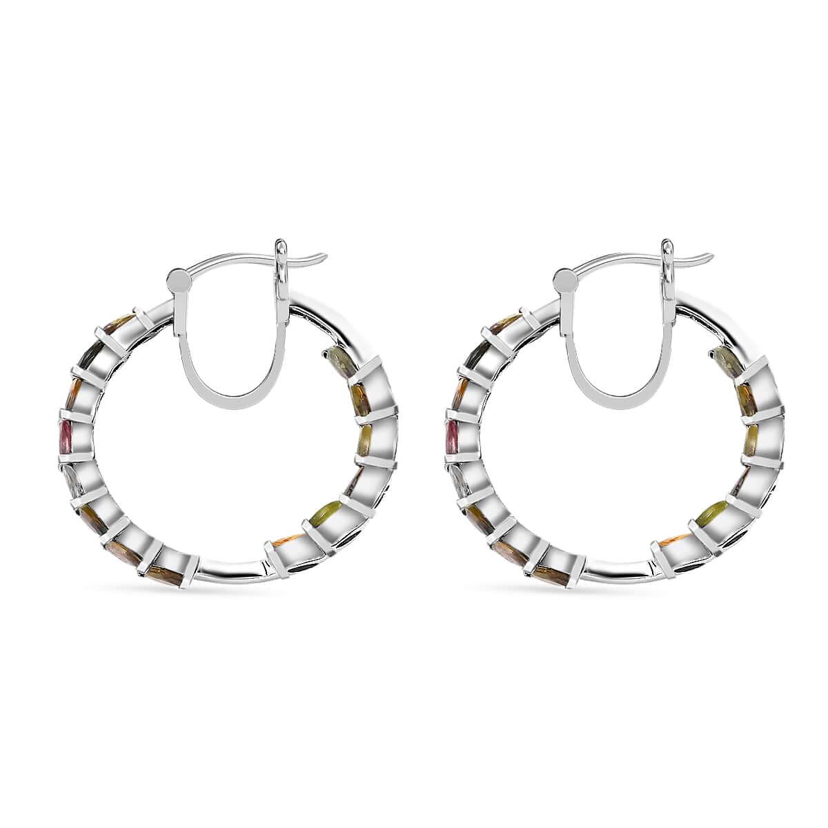 Multi-Tourmaline Inside Out Hoop Earrings, Platinum Over Sterling Silver Hoop Earrings, Multi Tourmaline Earrings, In Out Hoops 9.00 ctw image number 4