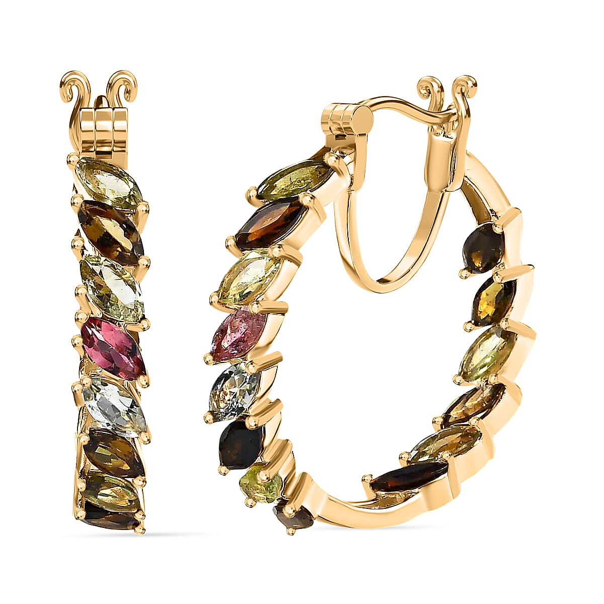 D'Joy Multi-Tourmaline Inside Out Hoop Earrings, Vermeil Yellow Gold Over Sterling Silver Hoop Earrings, Multi Tourmaline Earrings, In Out Hoops 9.40 ctw image number 0