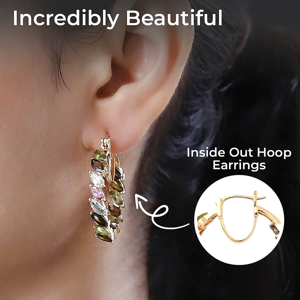 D'Joy Multi-Tourmaline Inside Out Hoop Earrings, Vermeil Yellow Gold Over Sterling Silver Hoop Earrings, Multi Tourmaline Earrings, In Out Hoops 9.40 ctw image number 2