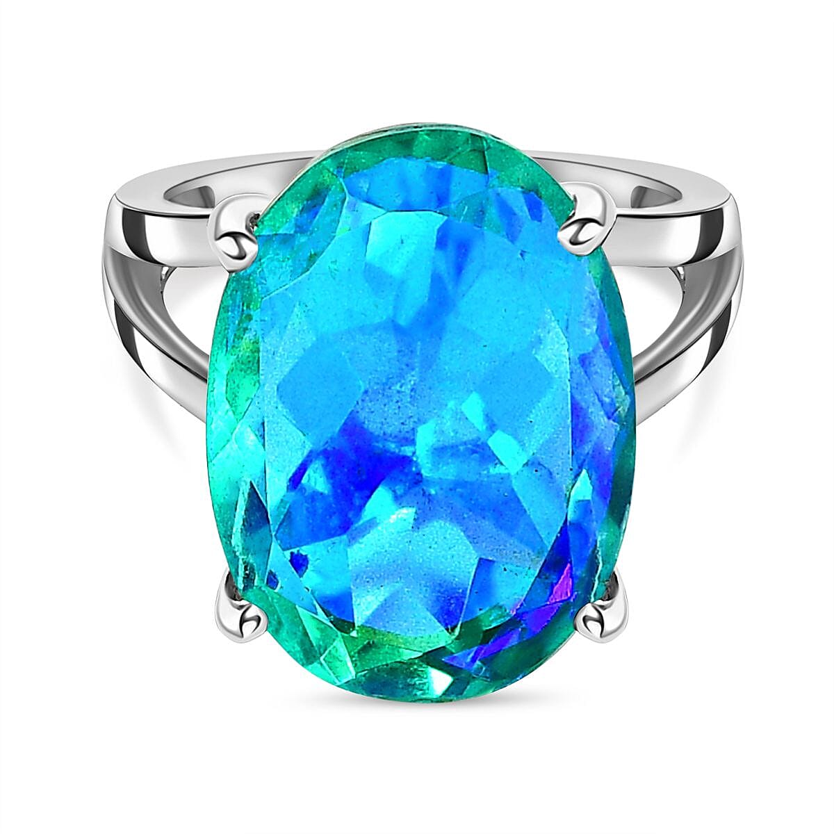 Peacock Triplet Quartz 13.43 ctw Ring in Rhodium Over Sterling Silver (Size 11.5)
