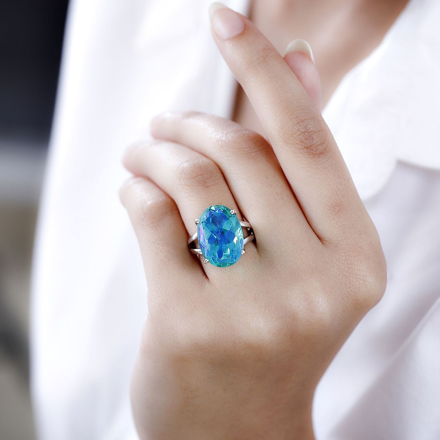 Peacock Triplet Quartz 13.43 ctw Ring in Rhodium Over Sterling Silver (Size 11.5)