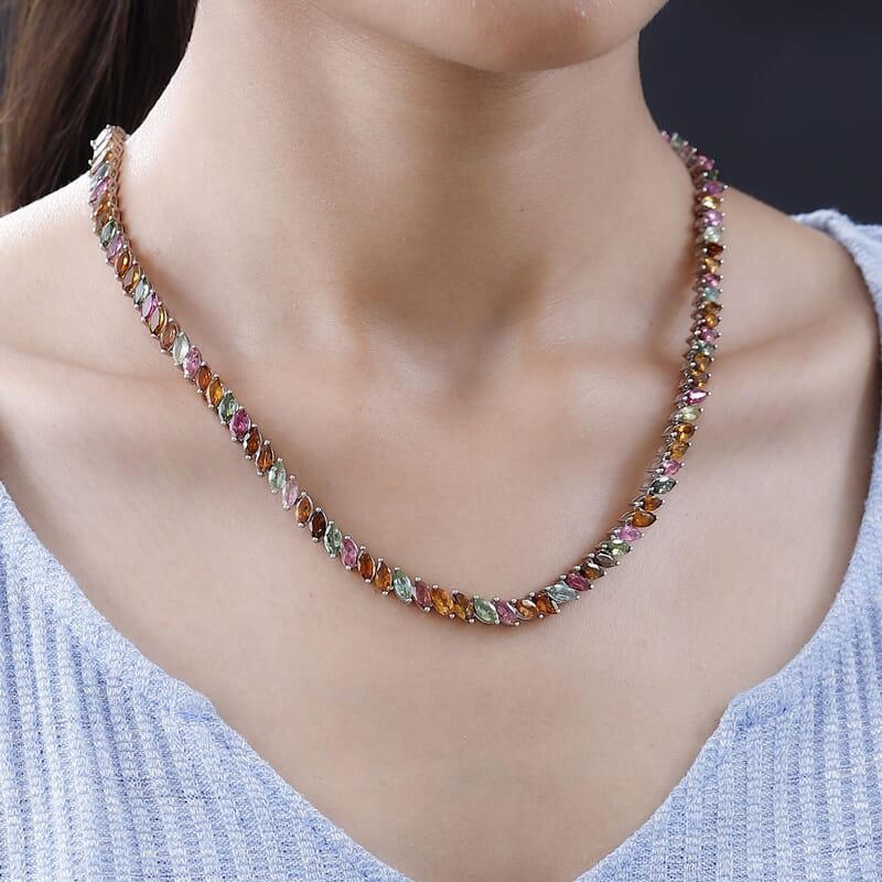 D'Joy Multi-Tourmaline Tennis Necklace 18 Inches in Platinum Over Sterling Silver 33.60 ctw