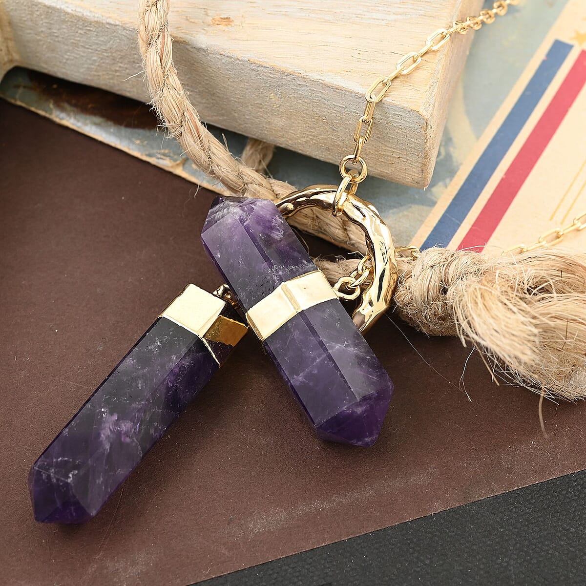 Amethyst Pencil Shape Pendant Necklace 36 Inches in Goldtone 87.00 ctw image number 1