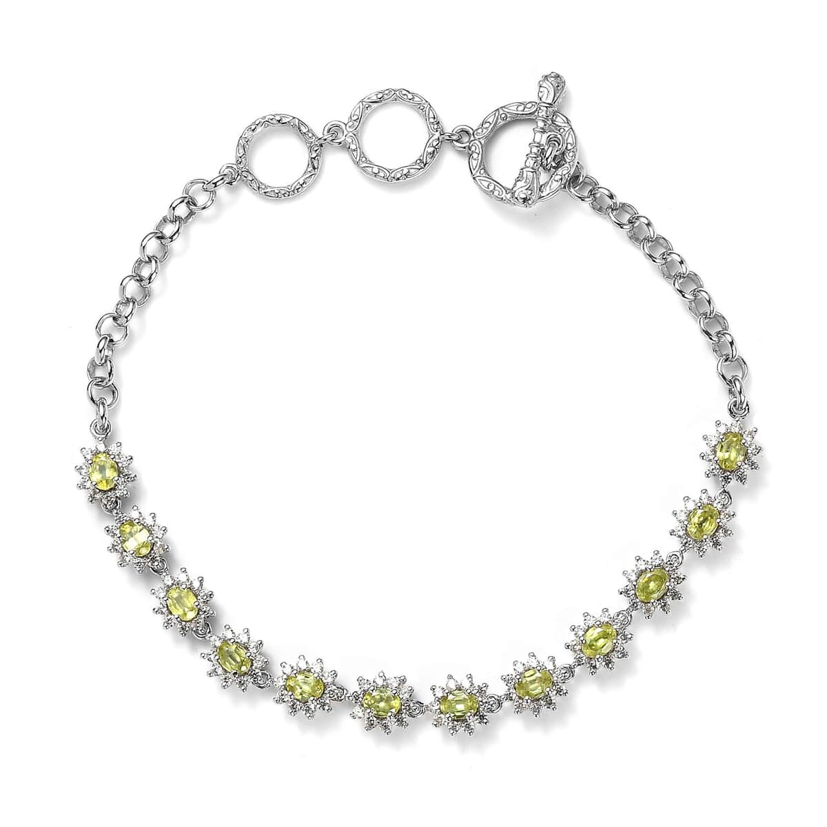 Premium Sava Sphene and White Zircon Toggle Clasp Bracelet in Platinum Over Sterling Silver (6.50-8.0In) 4.60 ctw image number 0