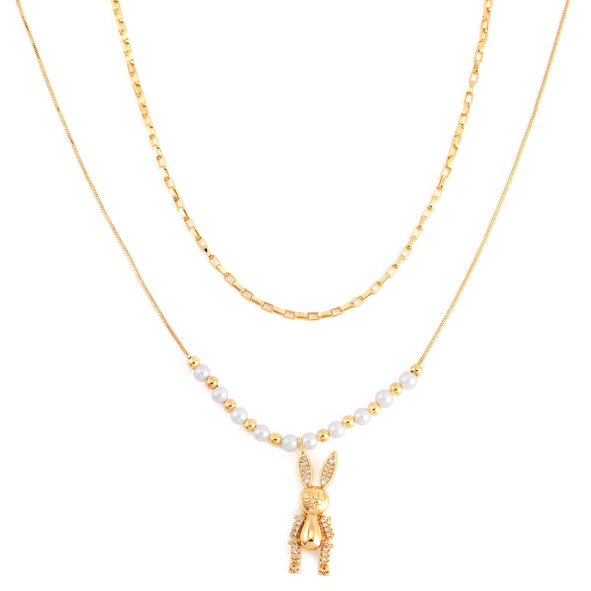 White Shell Pearl and Austrian Crystal Rabbit Necklace 20-22 Inches in Goldtone image number 0