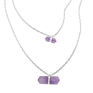 Amethyst Double Layer Necklace 21-23 Inches in Silvertone 36.00 ctw