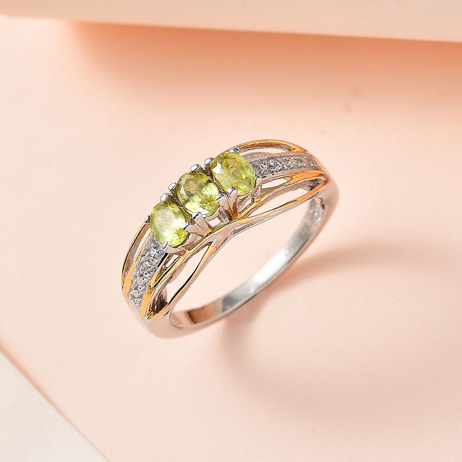 Premium Sava Sphene and White Zircon Ring in Vermeil Yellow Gold and Platinum Over Sterling Silver (Size 10.0) 0.60 ctw