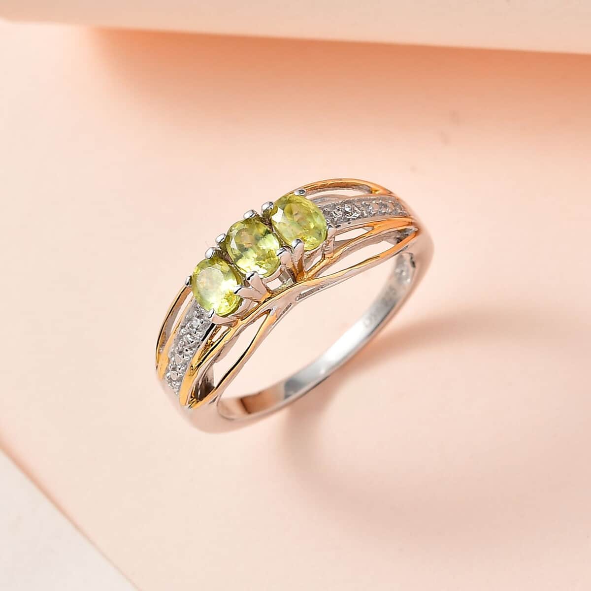 Premium Sava Sphene and White Zircon Ring in Vermeil Yellow Gold and Platinum Over Sterling Silver 0.60 ctw image number 1