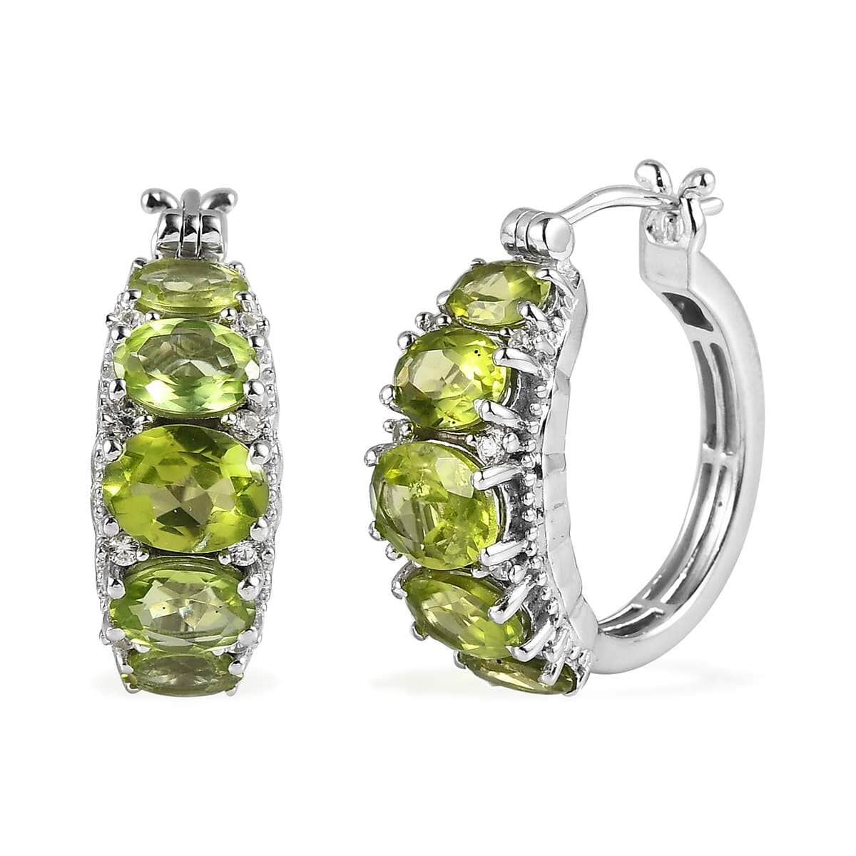 Premium Peridot and White Zircon Hoop Earrings in Platinum Over Sterling Silver 7.90 ctw image number 0