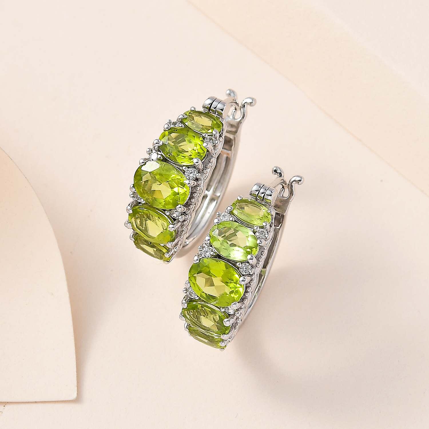 Premium Peridot and White Zircon Hoop Earrings in Platinum Over Sterling Silver 7.90 ctw