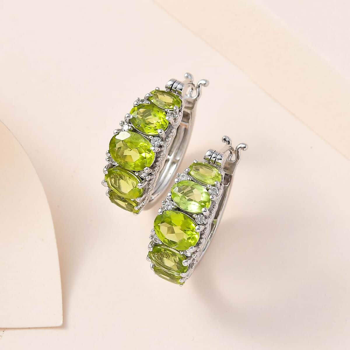 Premium Peridot and White Zircon Hoop Earrings in Platinum Over Sterling Silver 7.90 ctw image number 1