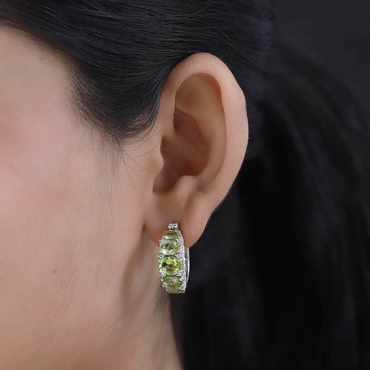 Premium Peridot and White Zircon Hoop Earrings in Platinum Over Sterling Silver 7.90 ctw image number 2