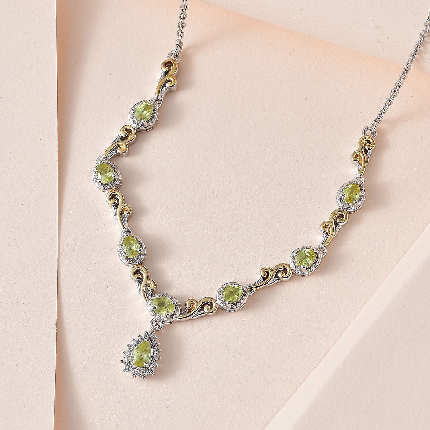 Premium Sava Sphene and White Zircon Necklace 18 Inches in Vermeil YG and Platinum Over Sterling Silver 1.70 ctw