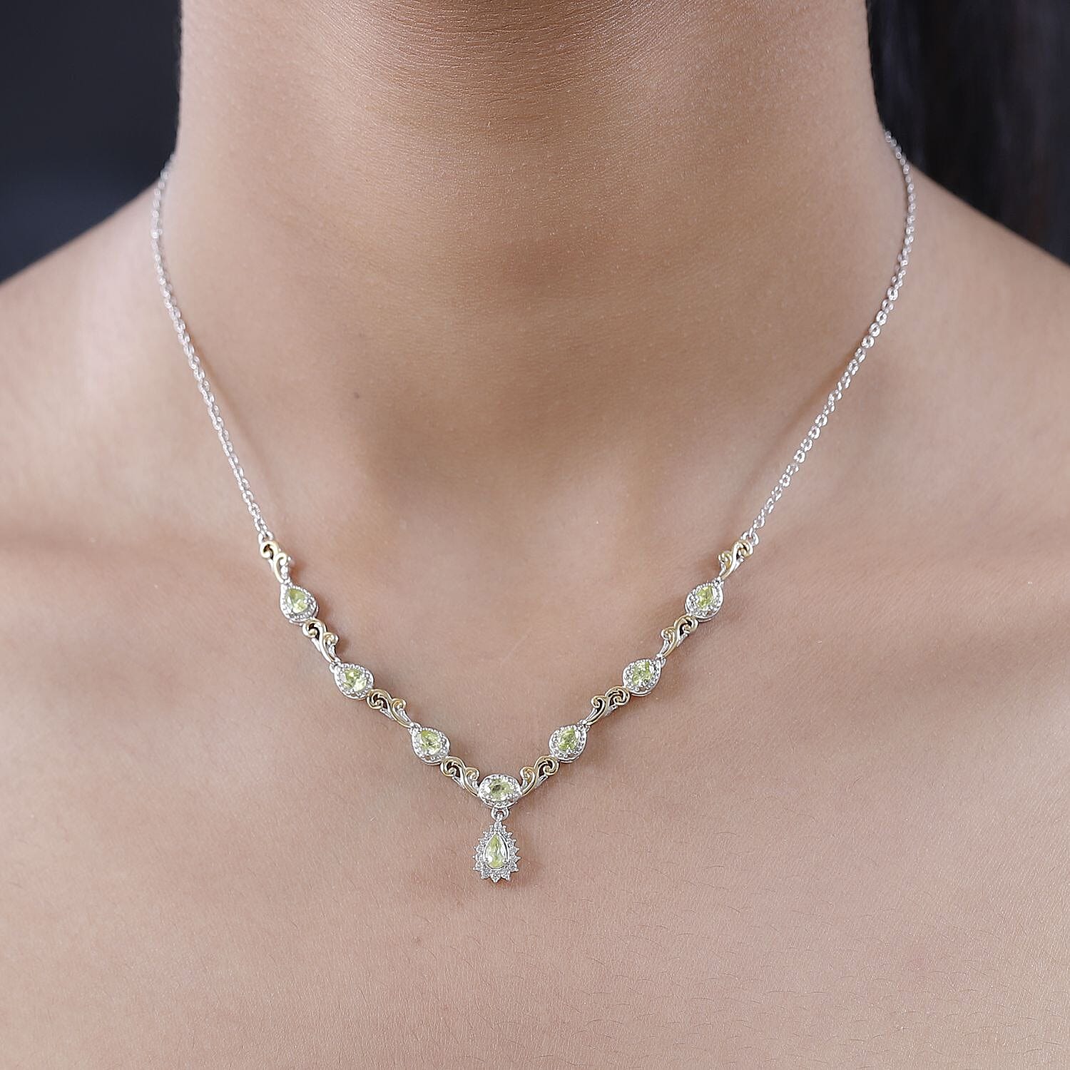 Premium Sava Sphene and White Zircon Necklace 18 Inches in Vermeil YG and Platinum Over Sterling Silver 1.70 ctw