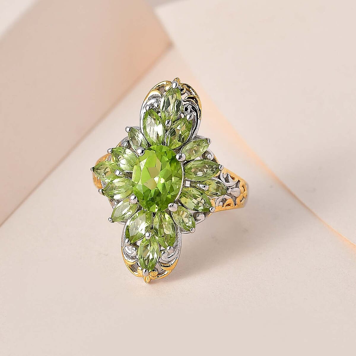 Premium Peridot Elongated Ring in Vermeil Yellow Gold and Platinum Over Sterling Silver 3.90 ctw image number 1