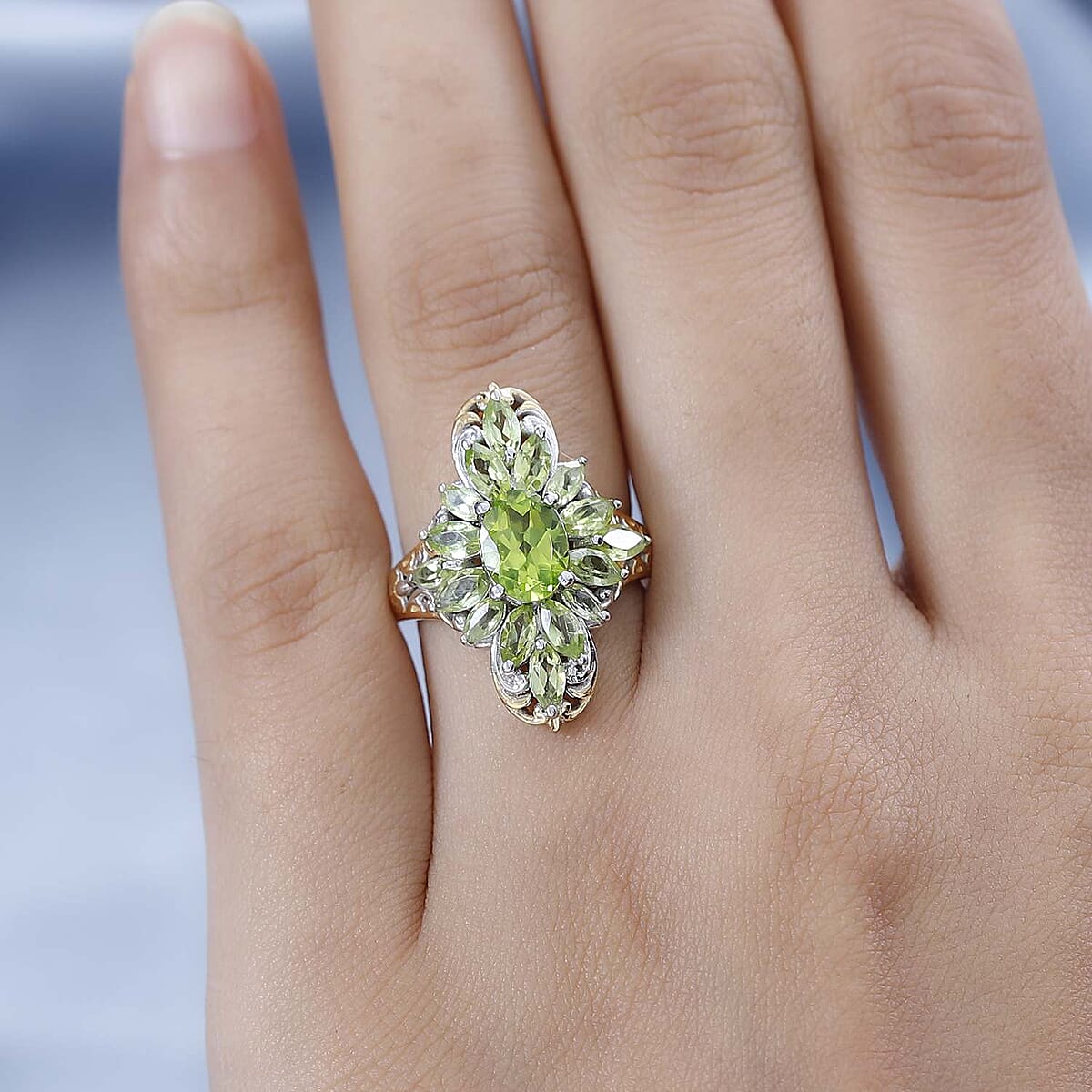 Premium Peridot Elongated Ring in Vermeil Yellow Gold and Platinum Over Sterling Silver 3.90 ctw image number 2
