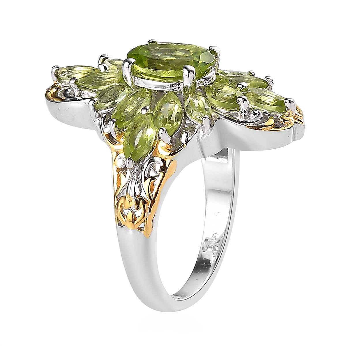 Premium Peridot Elongated Ring in Vermeil Yellow Gold and Platinum Over Sterling Silver 3.90 ctw image number 3