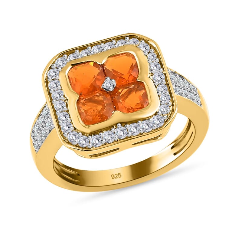 Crimson Fire Opal and White Zircon 1.60 ctw Ring in Vermeil Yellow Gold Over Sterling Silver (Size 9.0)