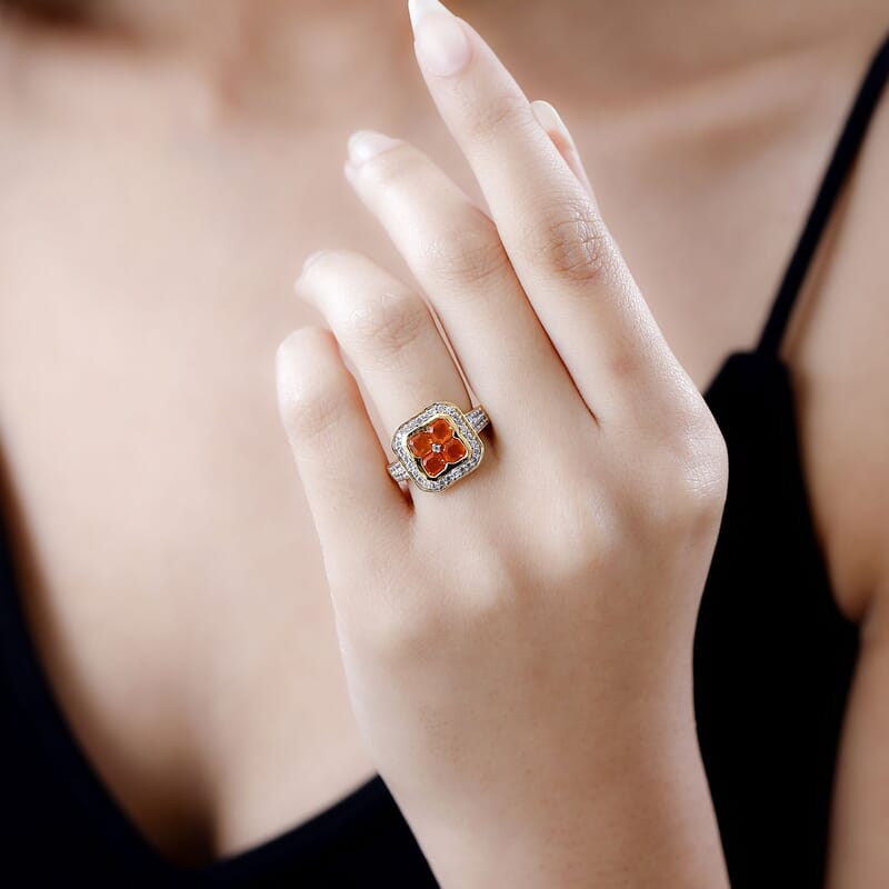 Crimson Fire Opal and White Zircon 1.60 ctw Ring in Vermeil Yellow Gold Over Sterling Silver (Size 9.0)