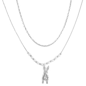 White Shell Pearl and Austrian Crystal Rabbit Pendant Necklace 20-22 Inches in Silvertone