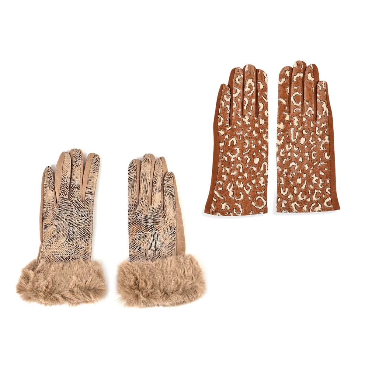 Set of 2 Tan Snake and Ginger Leopard Printed Gloves with Touchscreen Functionality – One Size Fits Most image number 0