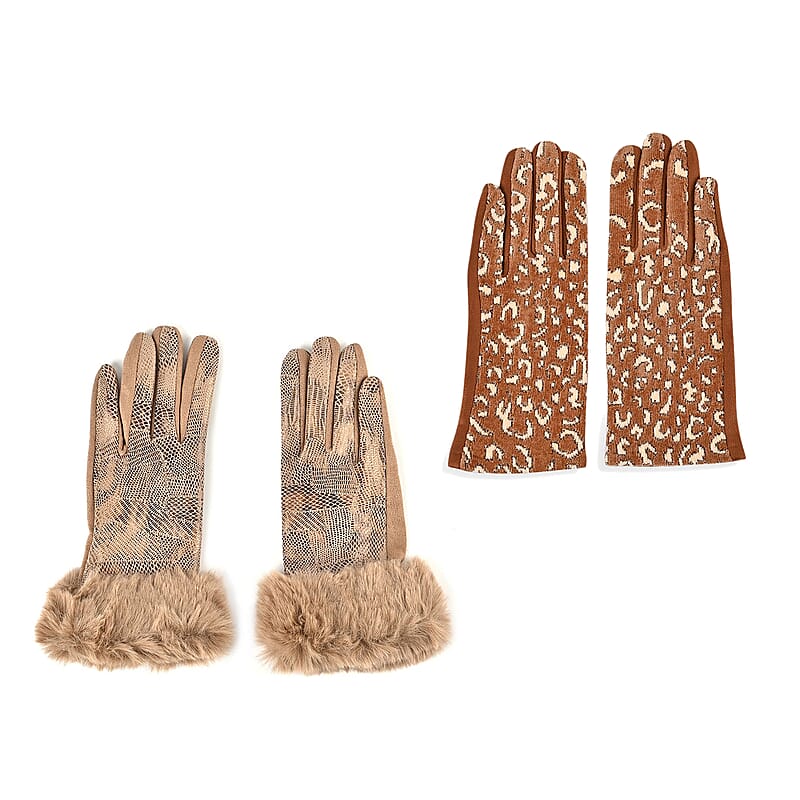Set of 2 Tan Snake and Ginger Leopard Printed Gloves with Touchscreen Functionality – One Size Fits Most
