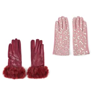 Faux Fur Cuff Printed Gloves 2 Pair (1pr Leopard and 1pr Snake) with Touchscreen Functional- Red