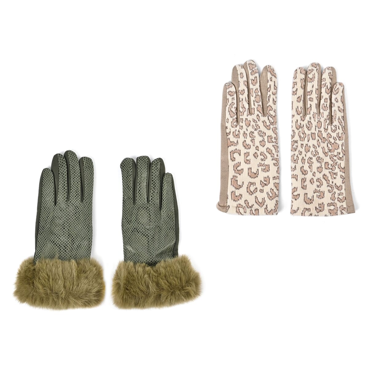 Set of 2 Green Snake and Beige Leopard Printed Gloves with Touchscreen Functionality – One Size Fits Most image number 0