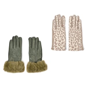 Set of 2 Green Snake and Beige Leopard Printed Gloves with Touchscreen Functionality – One Size Fits Most