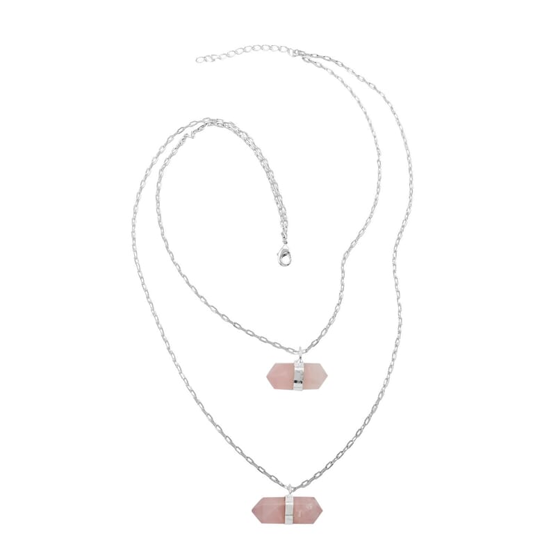 Galilea Rose Quartz Double Layer Necklace 21-23 Inches in Silvertone 36.00 ctw